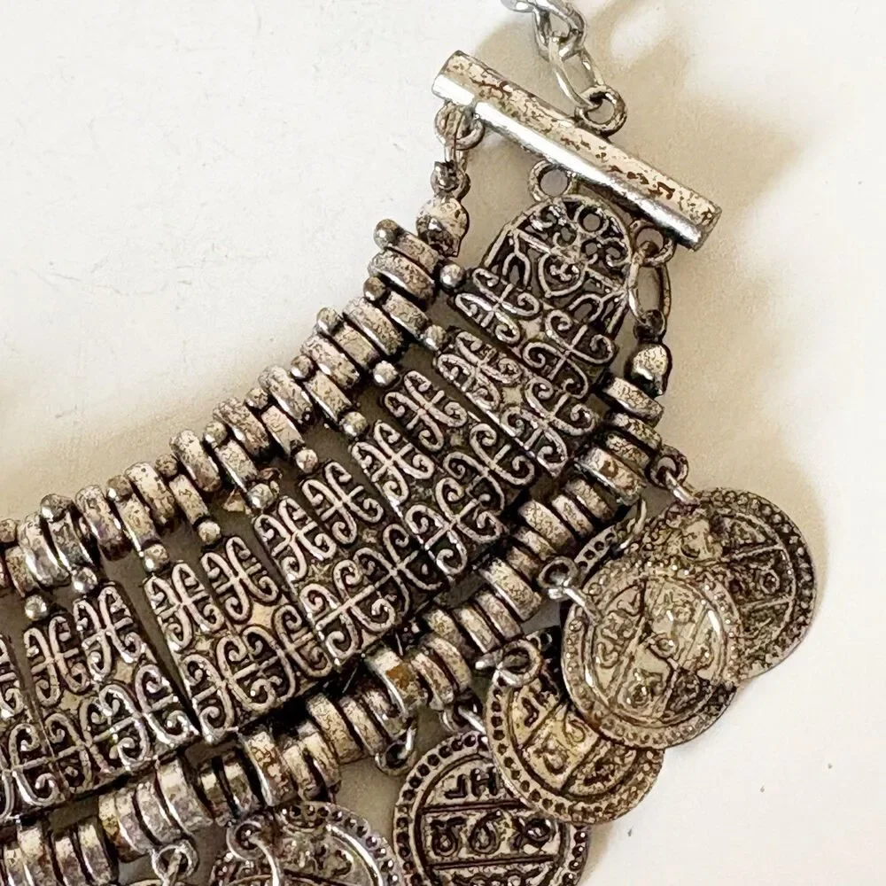 Silver Tone Coin Wide Choker Necklace Bohemian Gypsy Love Affair 16.5” - Picture 2 of 14